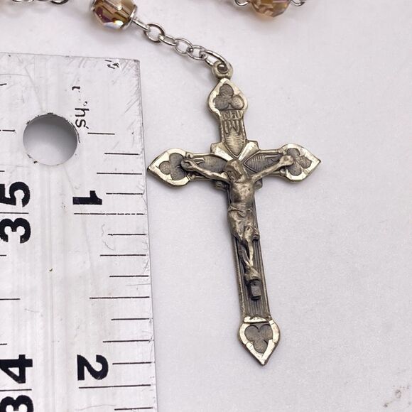 Vintage Signed “BLI” Bliss Sterling Silver And Peach AB Glass Beads Rosary - Picture 4 of 10